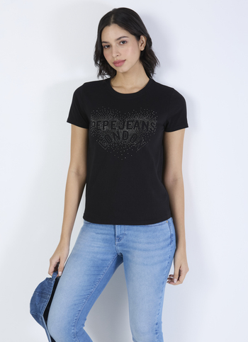 Women Black Embellished Short Sleeve Stretch T-shirt