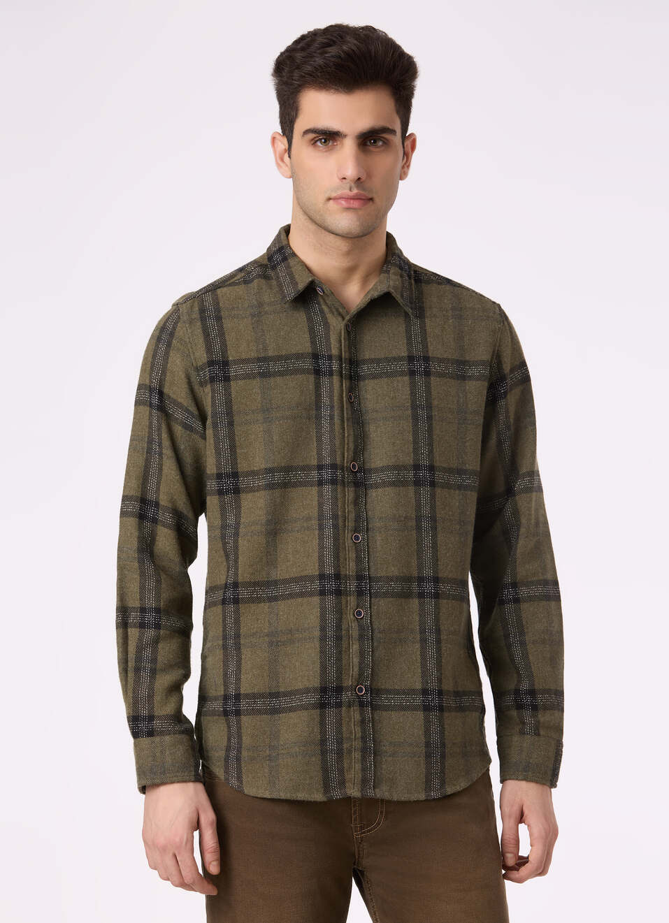 Men Olive Green Regular Fit Check Shirt, , large image number 1