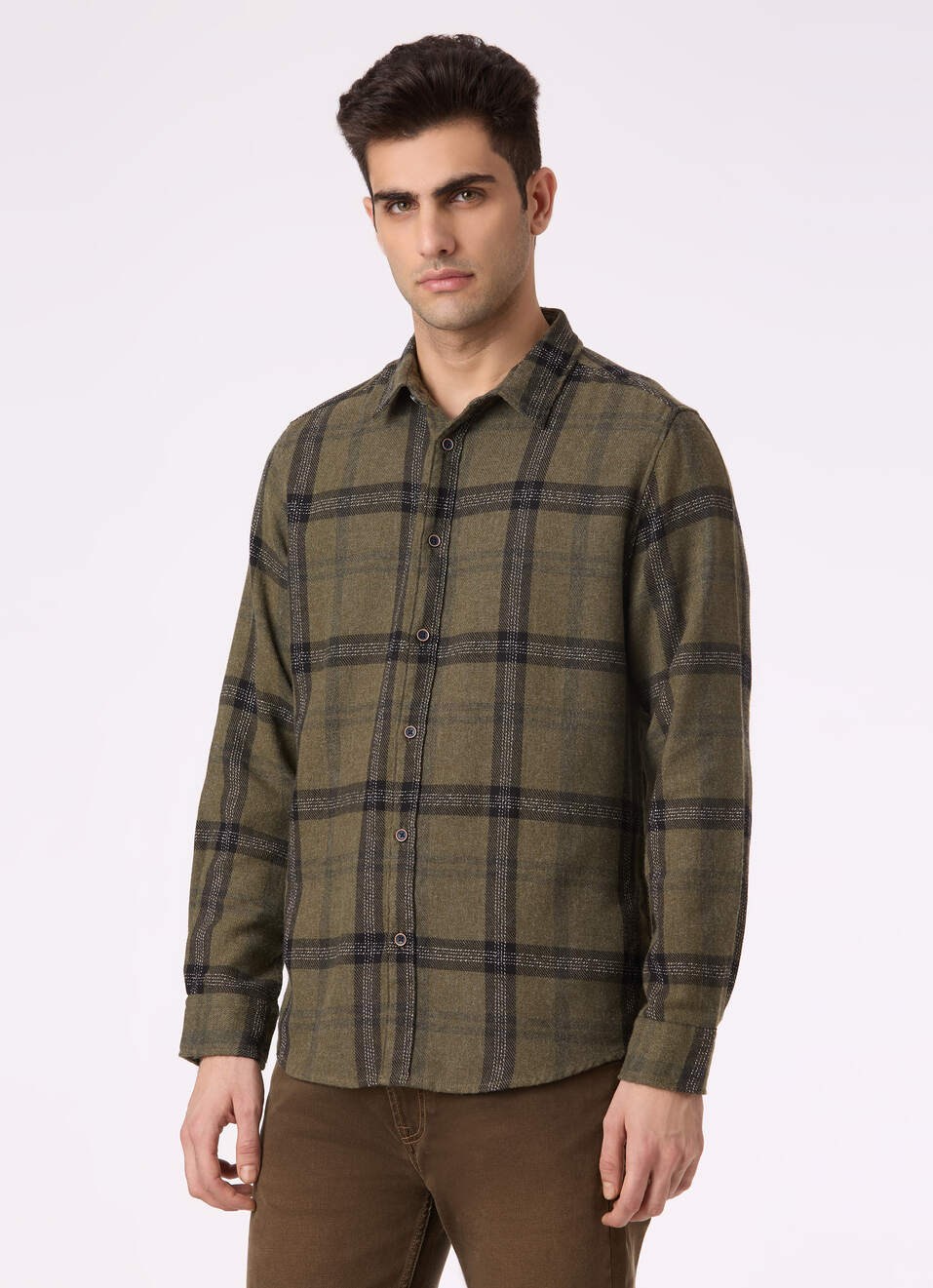 Men Olive Green Regular Fit Check Shirt, , large image number 3