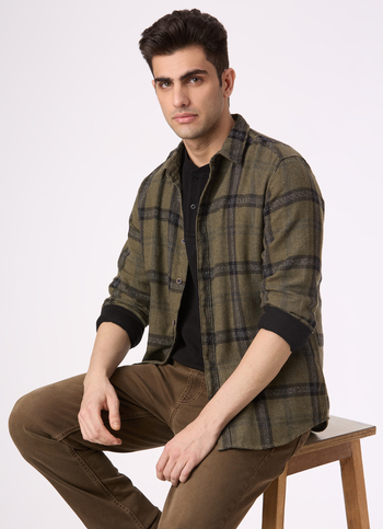 Men Olive Green Regular Fit Check Shirt
