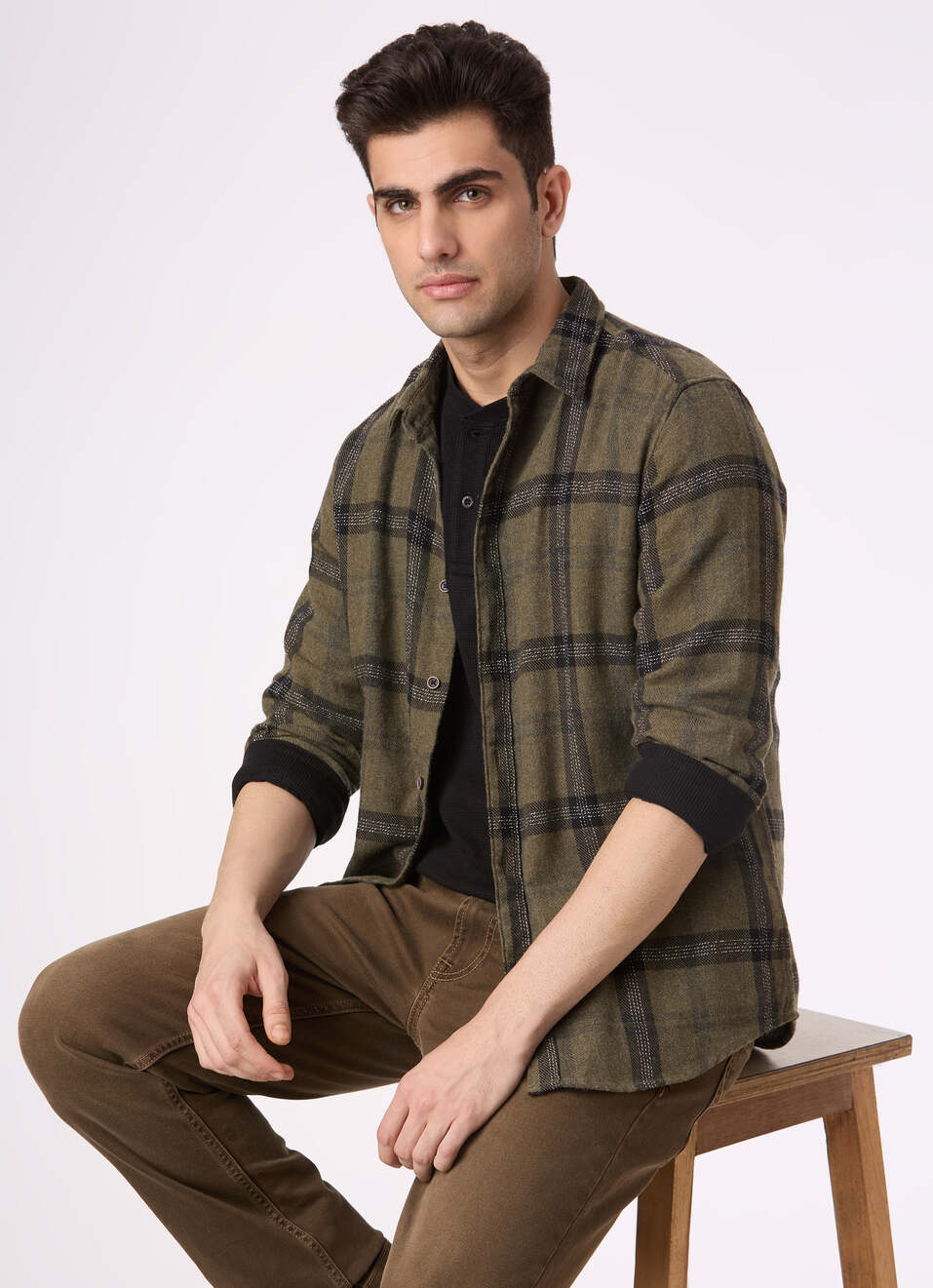 Men Olive Green Regular Fit Check Shirt, , large image number 0