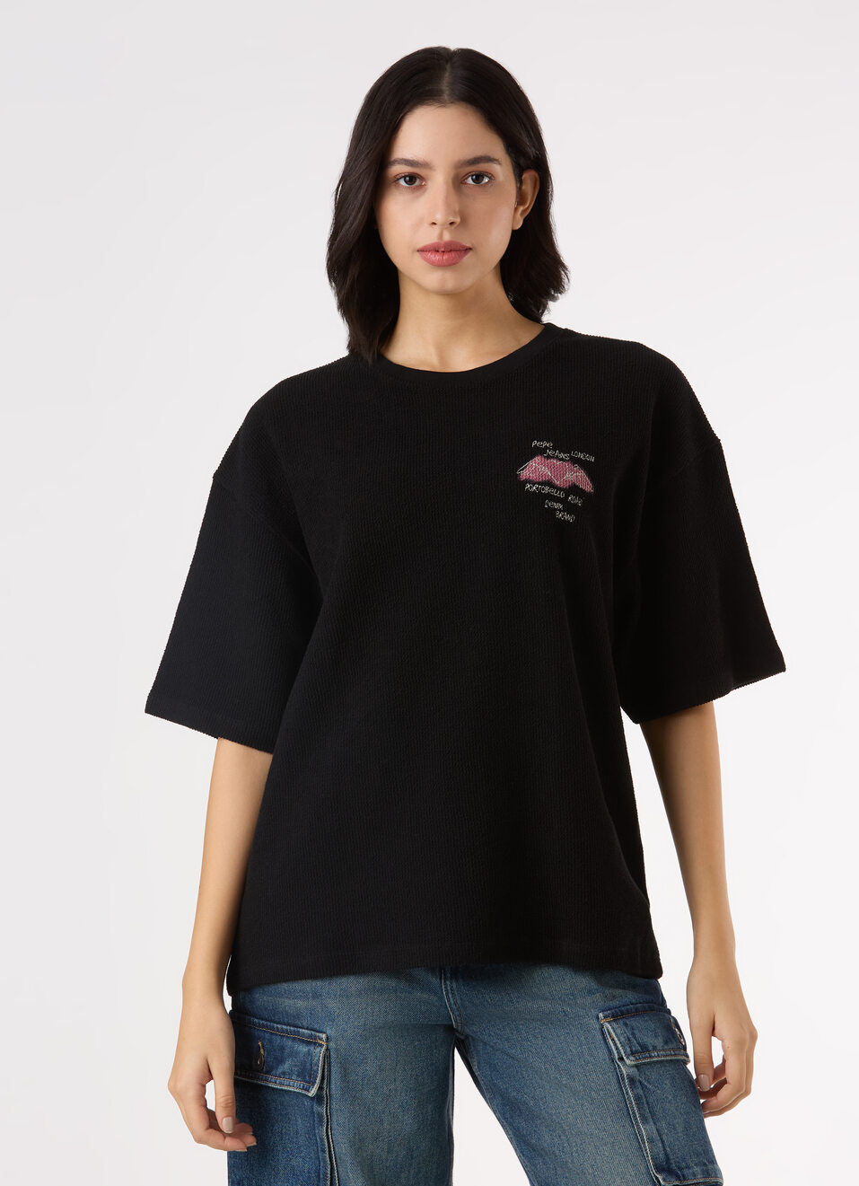 Women Black Self Design Back Print Oversized T-shirt, , large image number 1