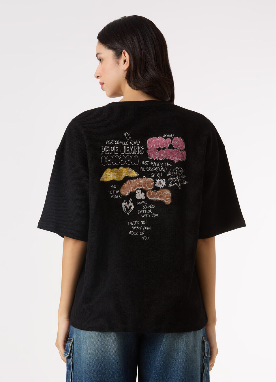 Women Black Self Design Back Print Oversized T-shirt, , large image number 2