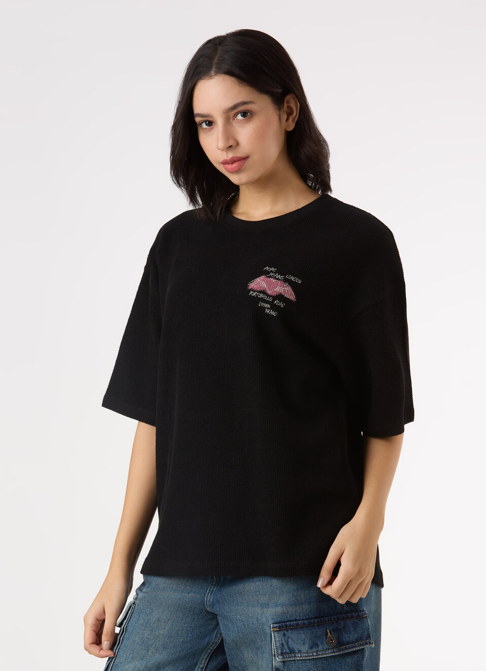 Women Black Self Design Back Print Oversized T-shirt, , large image number 3