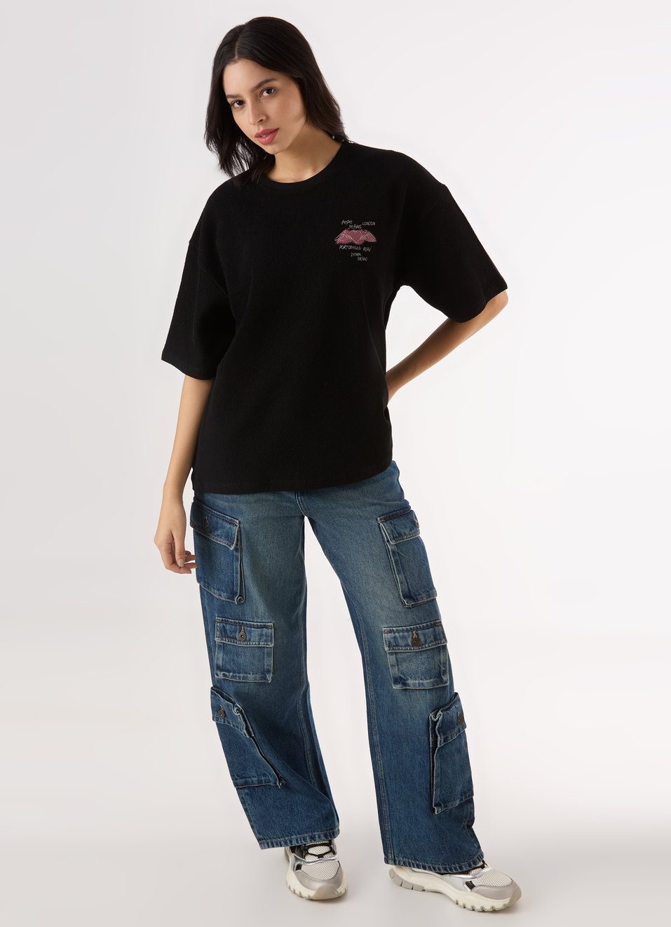 Women Black Self Design Back Print Oversized T-shirt, , large image number 5