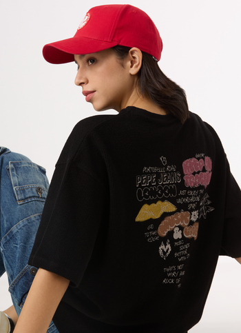 Women Black Self Design Back Print Oversized T-shirt