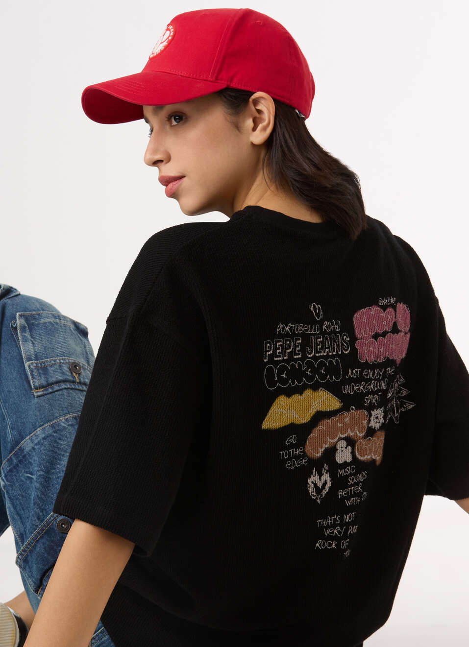 Women Black Self Design Back Print Oversized T-shirt, , large image number 0