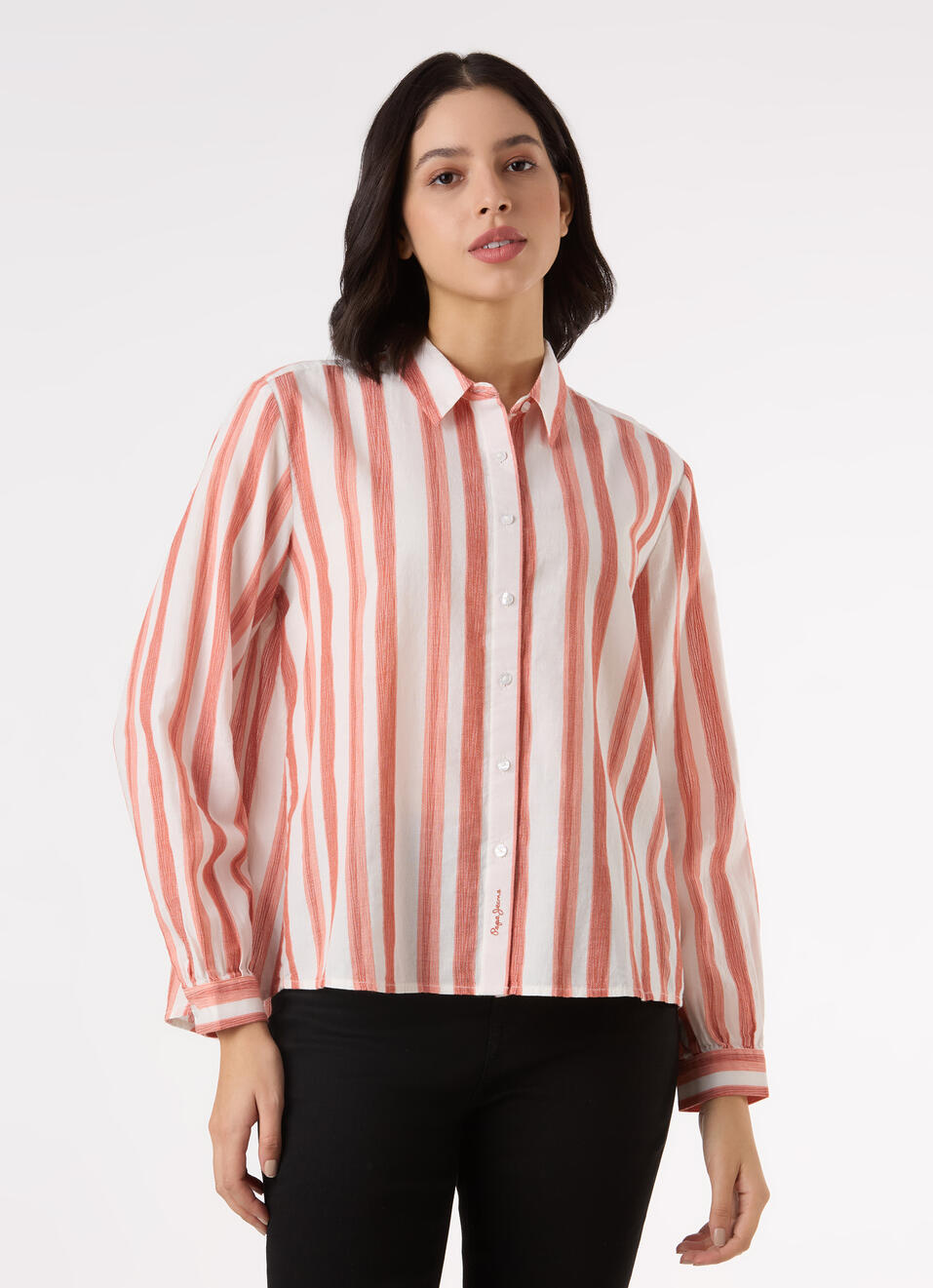 Women Orange Vertical Stripe Comfort Full Sleeve Shirt, , large image number 1