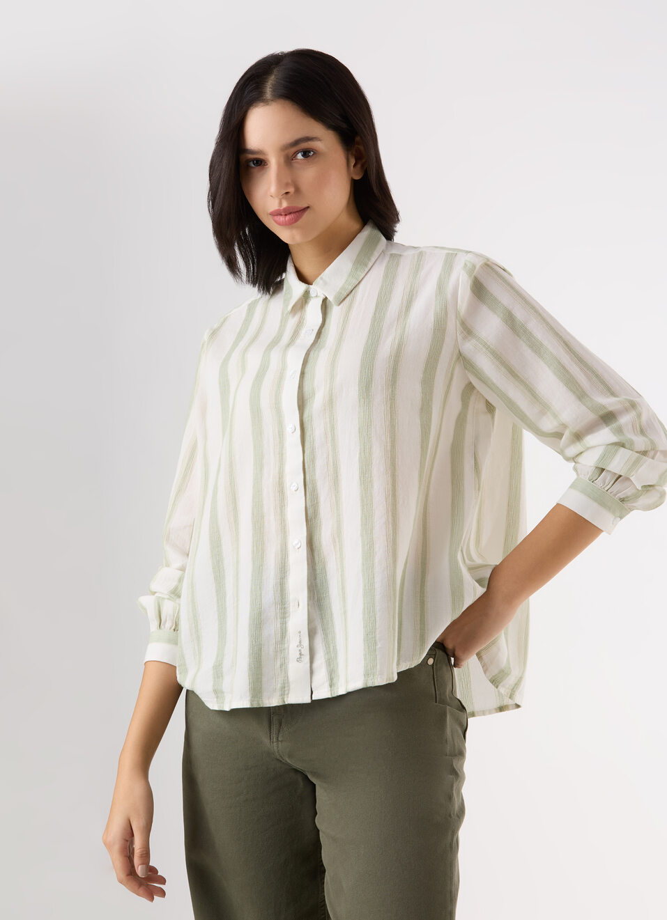 Women Green Vertical Stripe Comfort Full Sleeve Shirt, , large image number 0