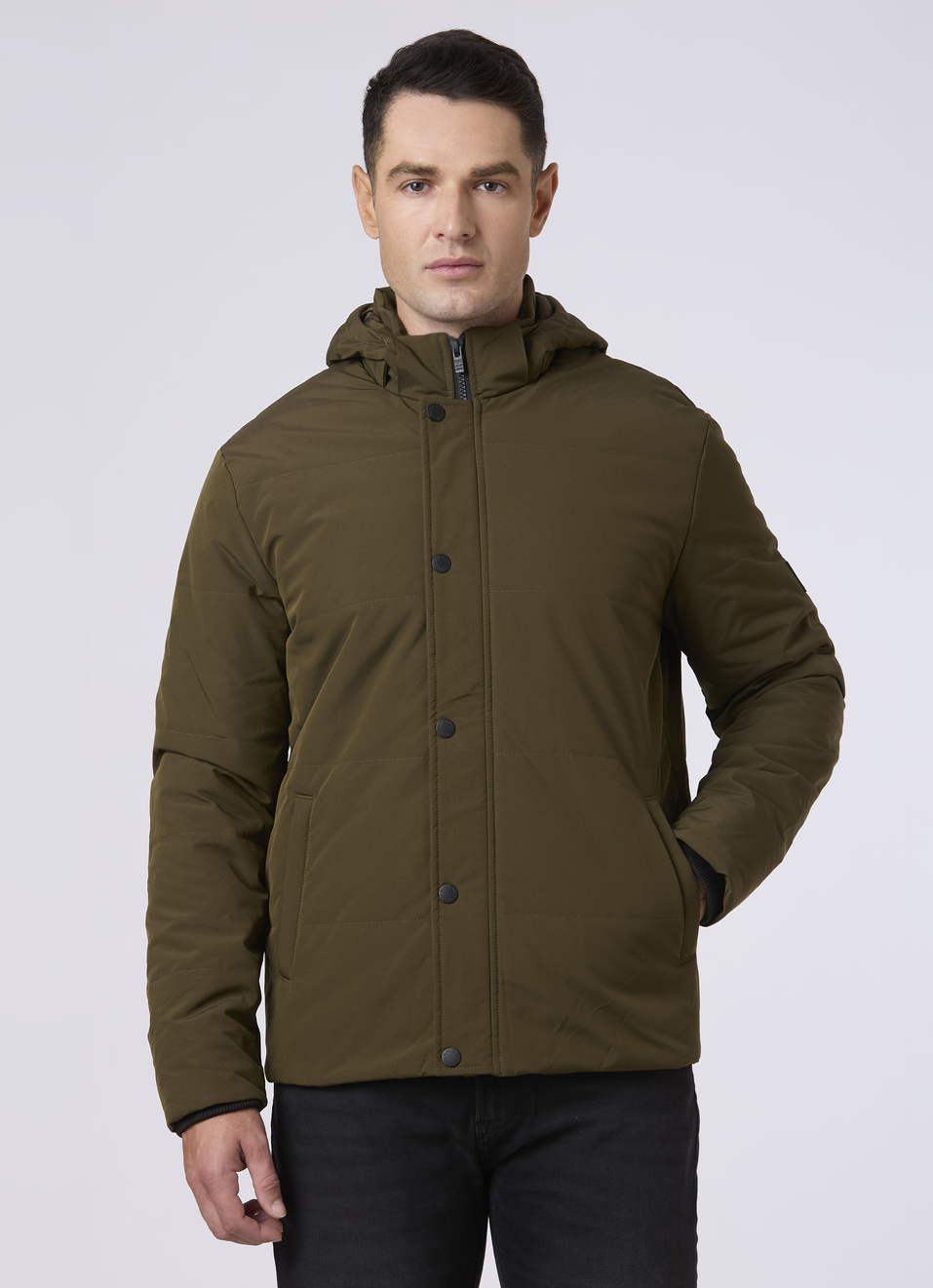 Men Green Hooded Puffer Jacket, , large image number 1