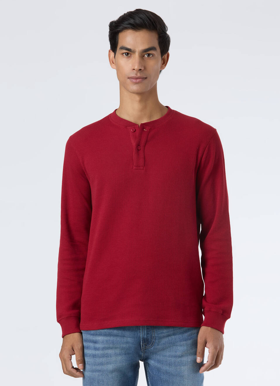 Men Red Waffle Knit Henley Neck Full Sleeve T-shirt, , large image number 1