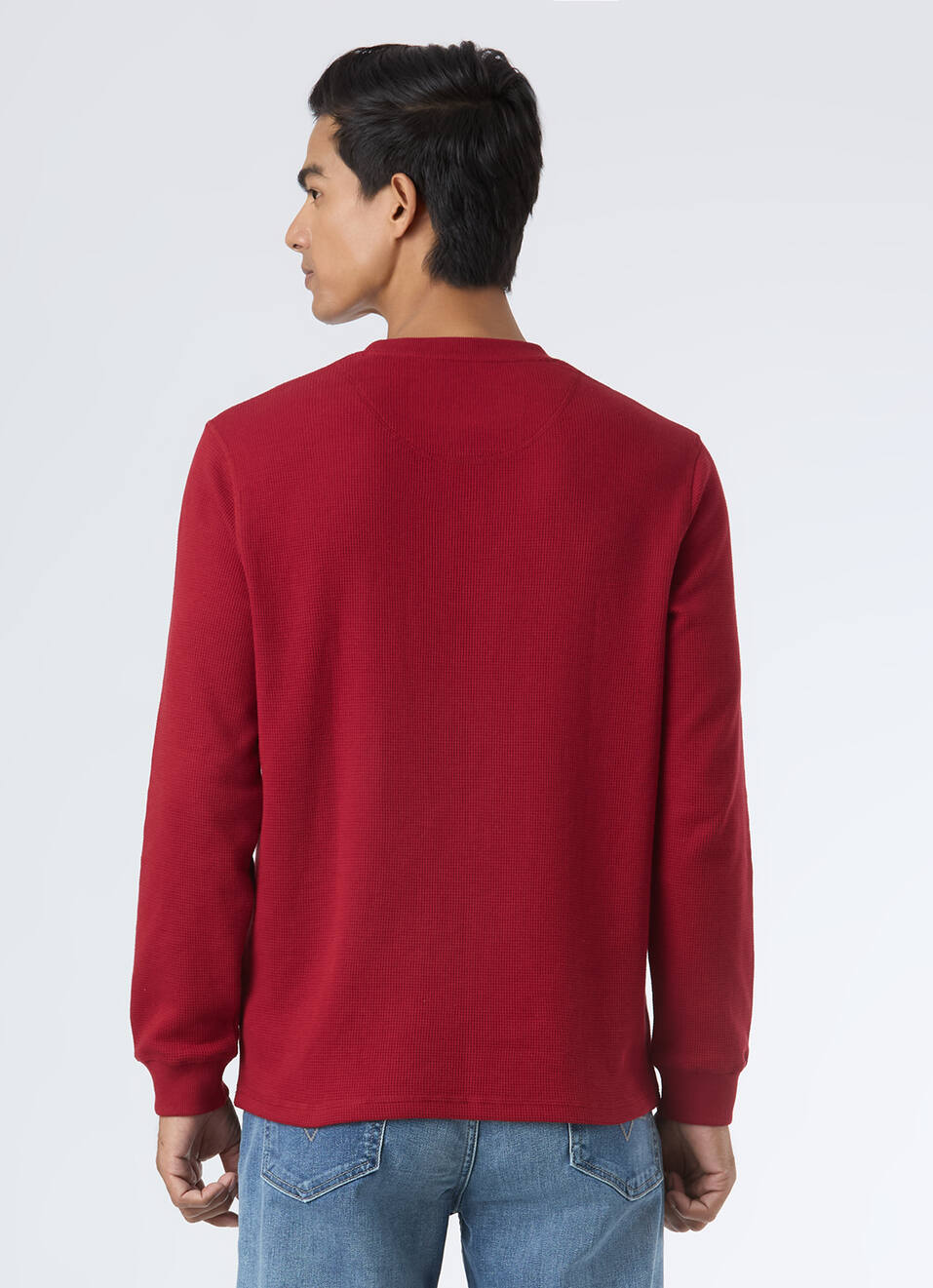 Men Red Waffle Knit Henley Neck Full Sleeve T-shirt, , large image number 2