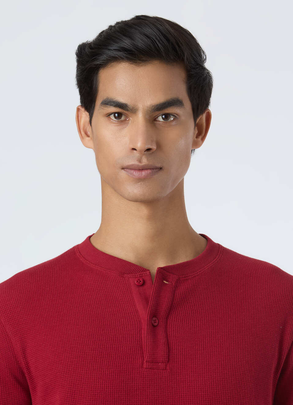 Men Red Waffle Knit Henley Neck Full Sleeve T-shirt, , large image number 4