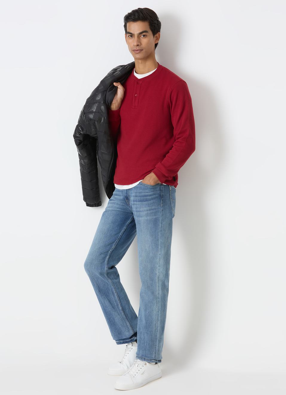 Men Red Waffle Knit Henley Neck Full Sleeve T-shirt, , large image number 5