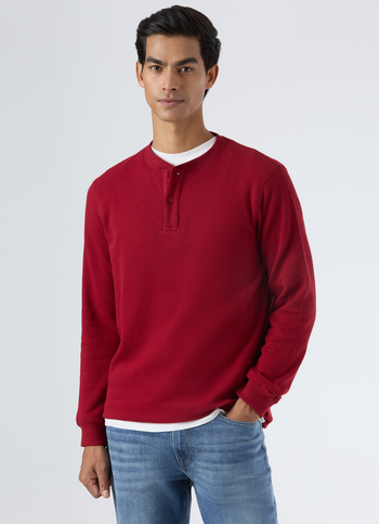 Men Red Waffle Knit Henley Neck Full Sleeve T-shirt