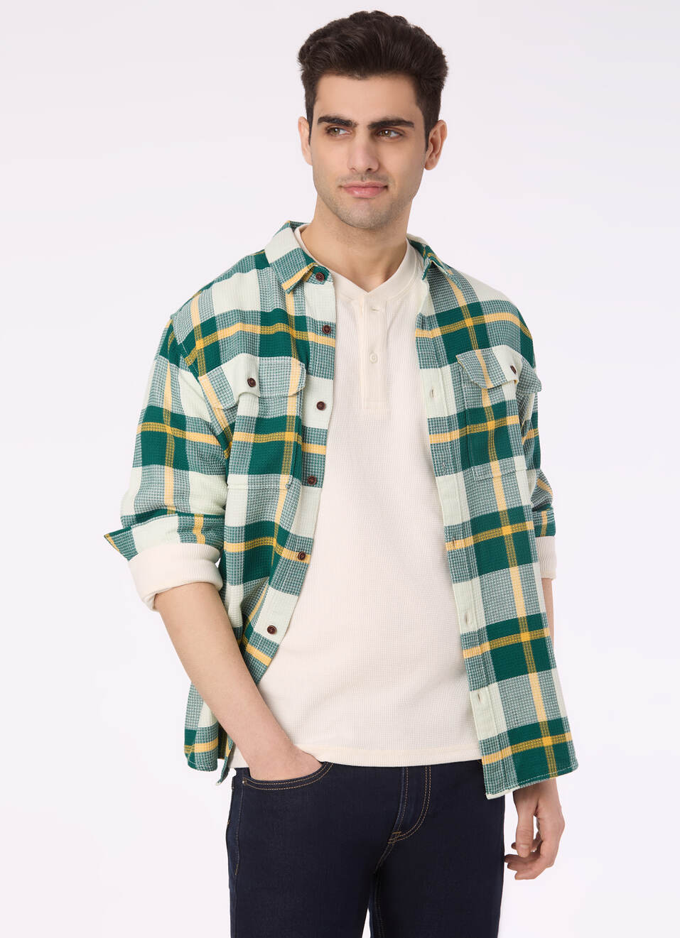 Men Ecru Waffle Knit Henley Neck Full Sleeve T-shirt, , large image number 0