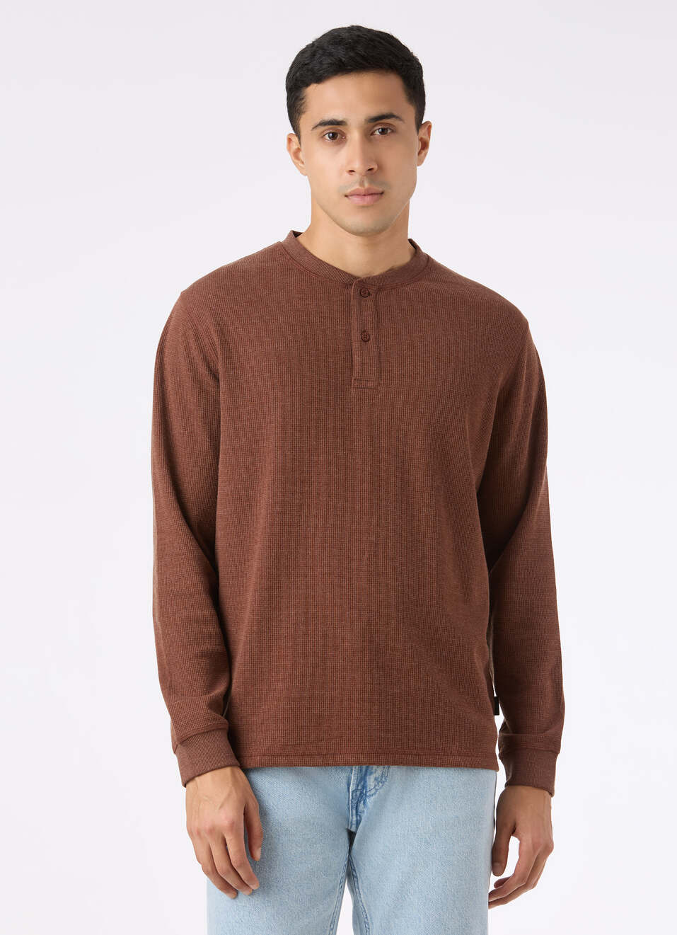 Men Brown Waffle Knit Henley Neck Full Sleeve T-shirt, , large image number 1