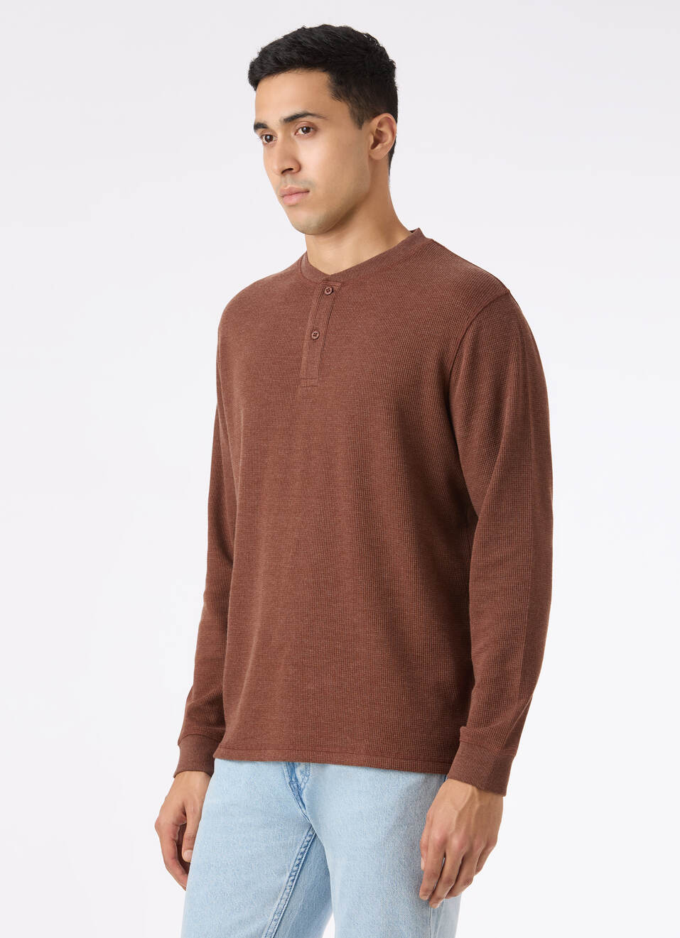 Men Brown Waffle Knit Henley Neck Full Sleeve T-shirt, , large image number 3