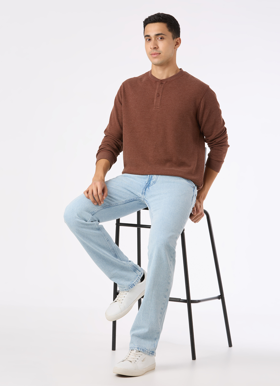 Men Brown Waffle Knit Henley Neck Full Sleeve T-shirt, , large image number 5