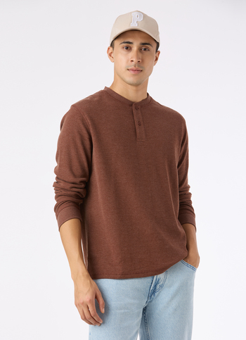 Men Brown Waffle Knit Henley Neck Full Sleeve T-shirt