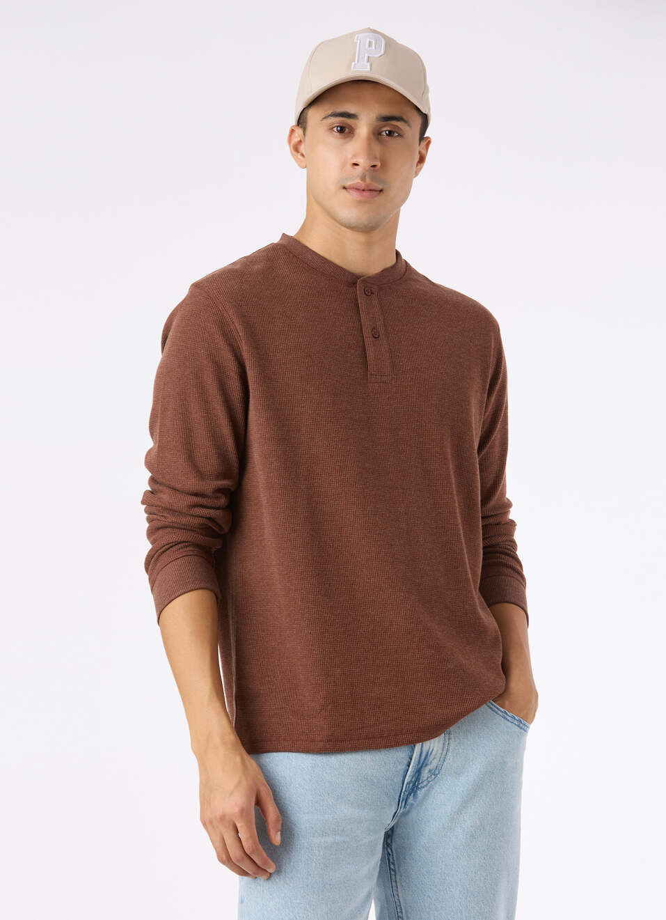 Men Brown Waffle Knit Henley Neck Full Sleeve T-shirt, , large image number 0