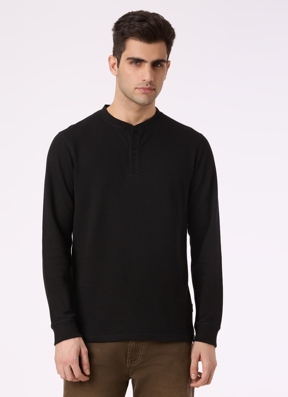Men Black Waffle Knit Henley Neck Full Sleeve T-shirt, , large image number 1