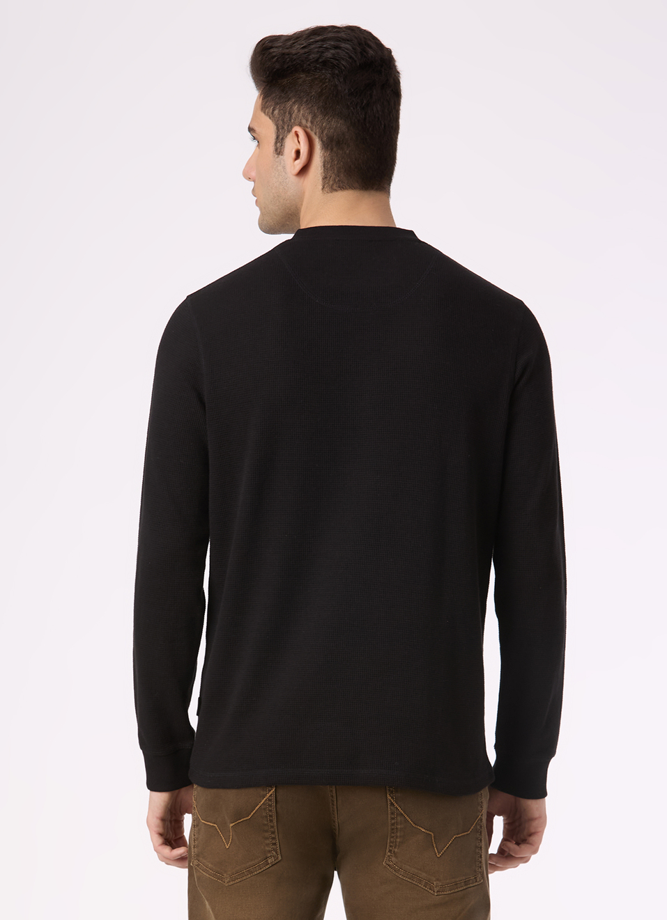 Men Black Waffle Knit Henley Neck Full Sleeve T-shirt, , large image number 2