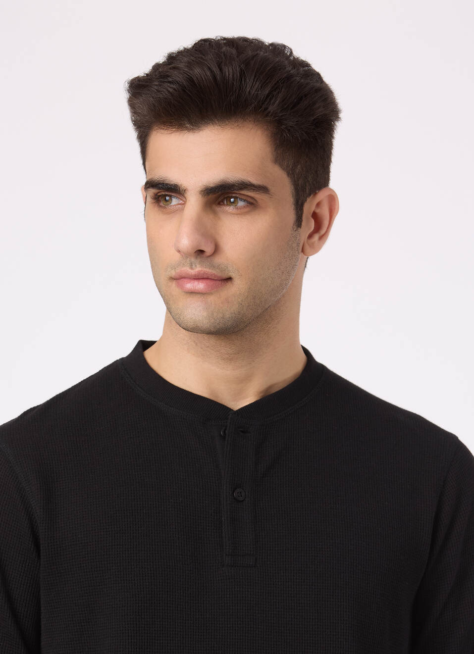Men Black Waffle Knit Henley Neck Full Sleeve T-shirt, , large image number 4