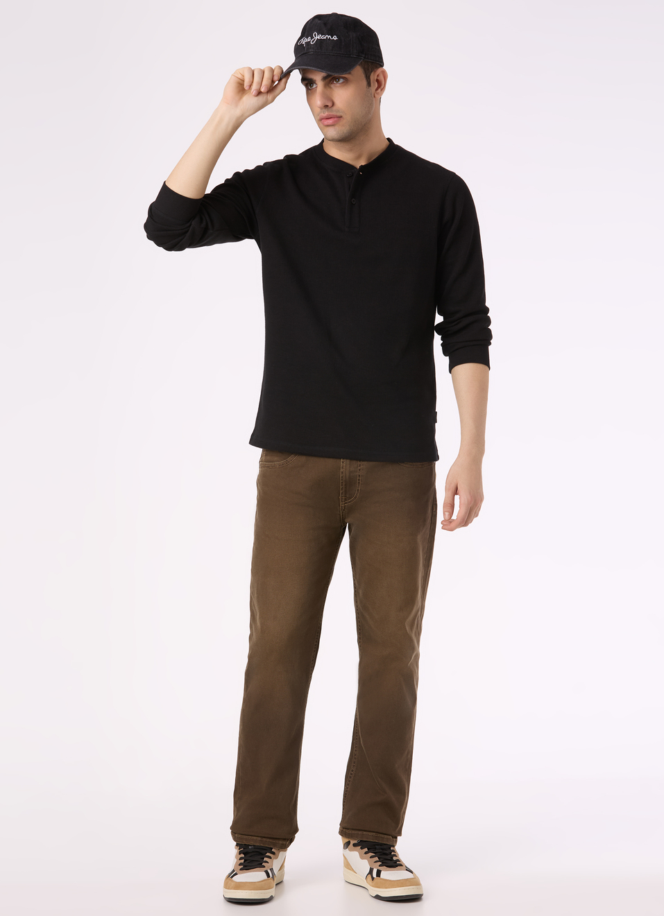 Men Black Waffle Knit Henley Neck Full Sleeve T-shirt, , large image number 5