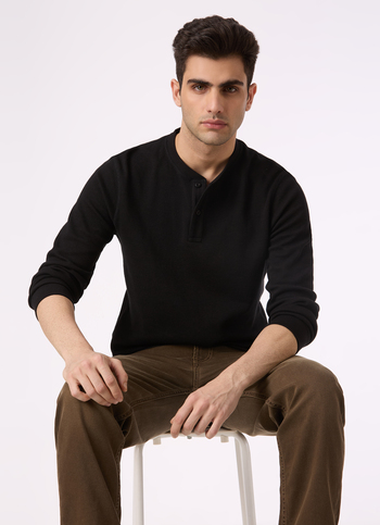 Men Black Waffle Knit Henley Neck Full Sleeve T-shirt