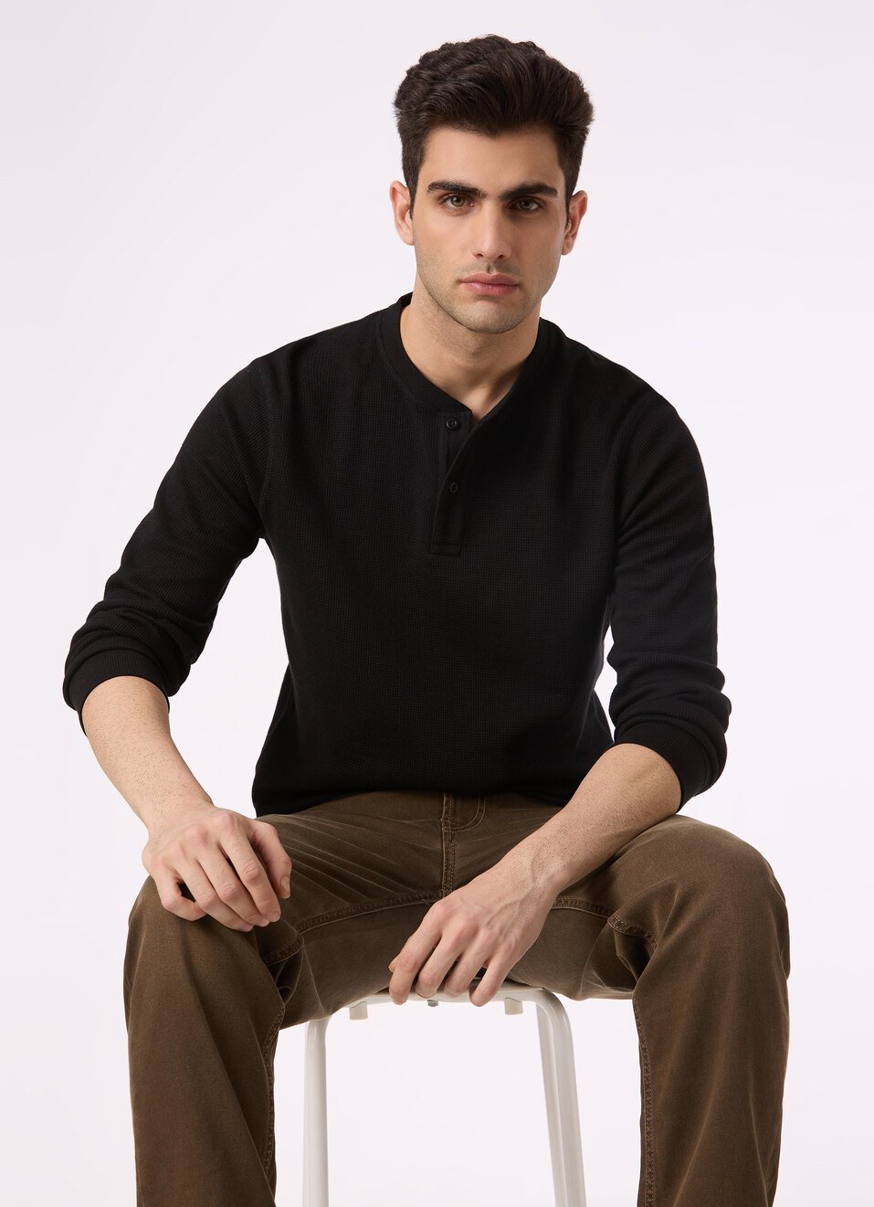 Men Black Waffle Knit Henley Neck Full Sleeve T-shirt, , large image number 0