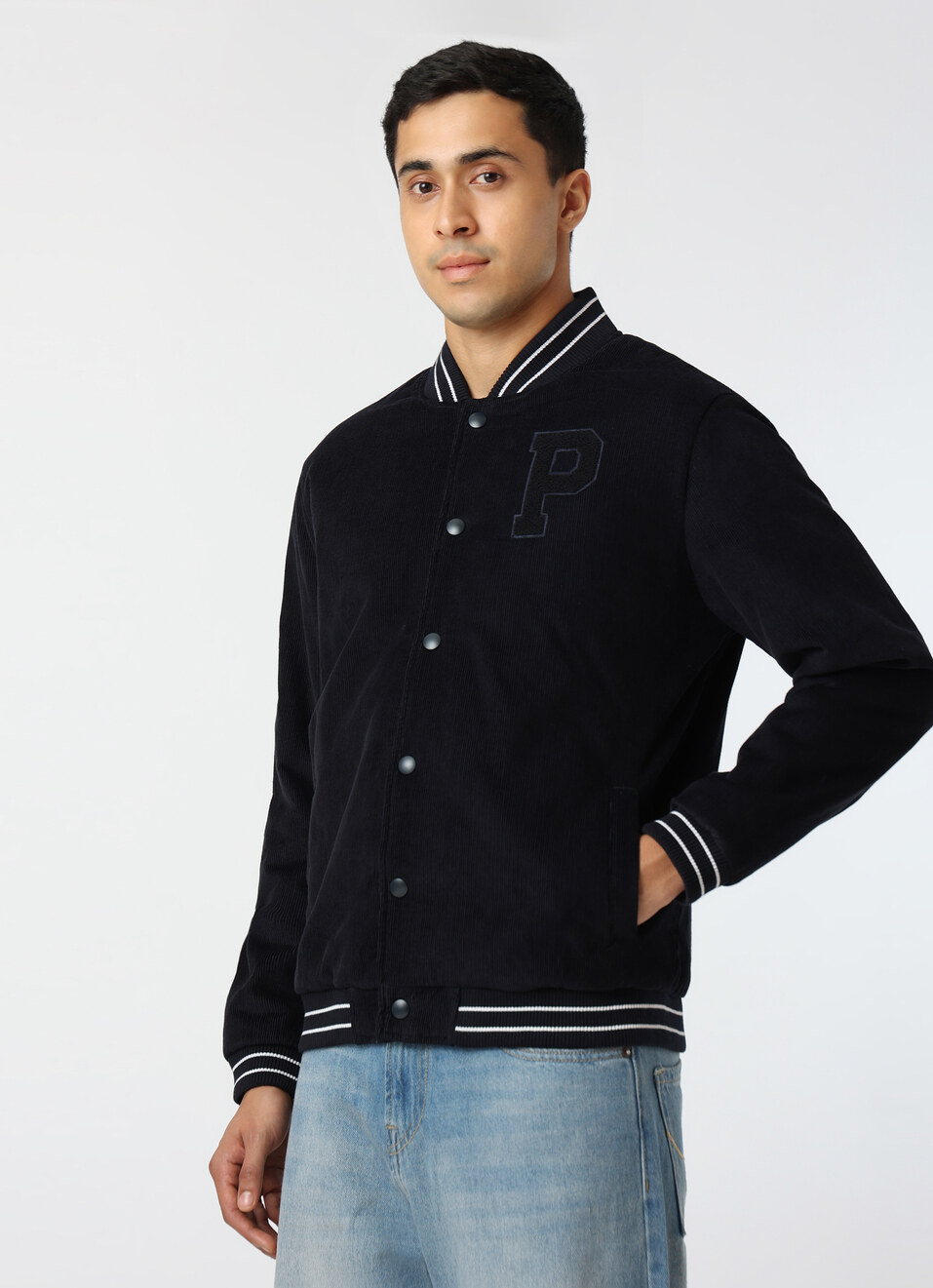 Men Navy Blue Corduroy Varsity Jacket, , large image number 3
