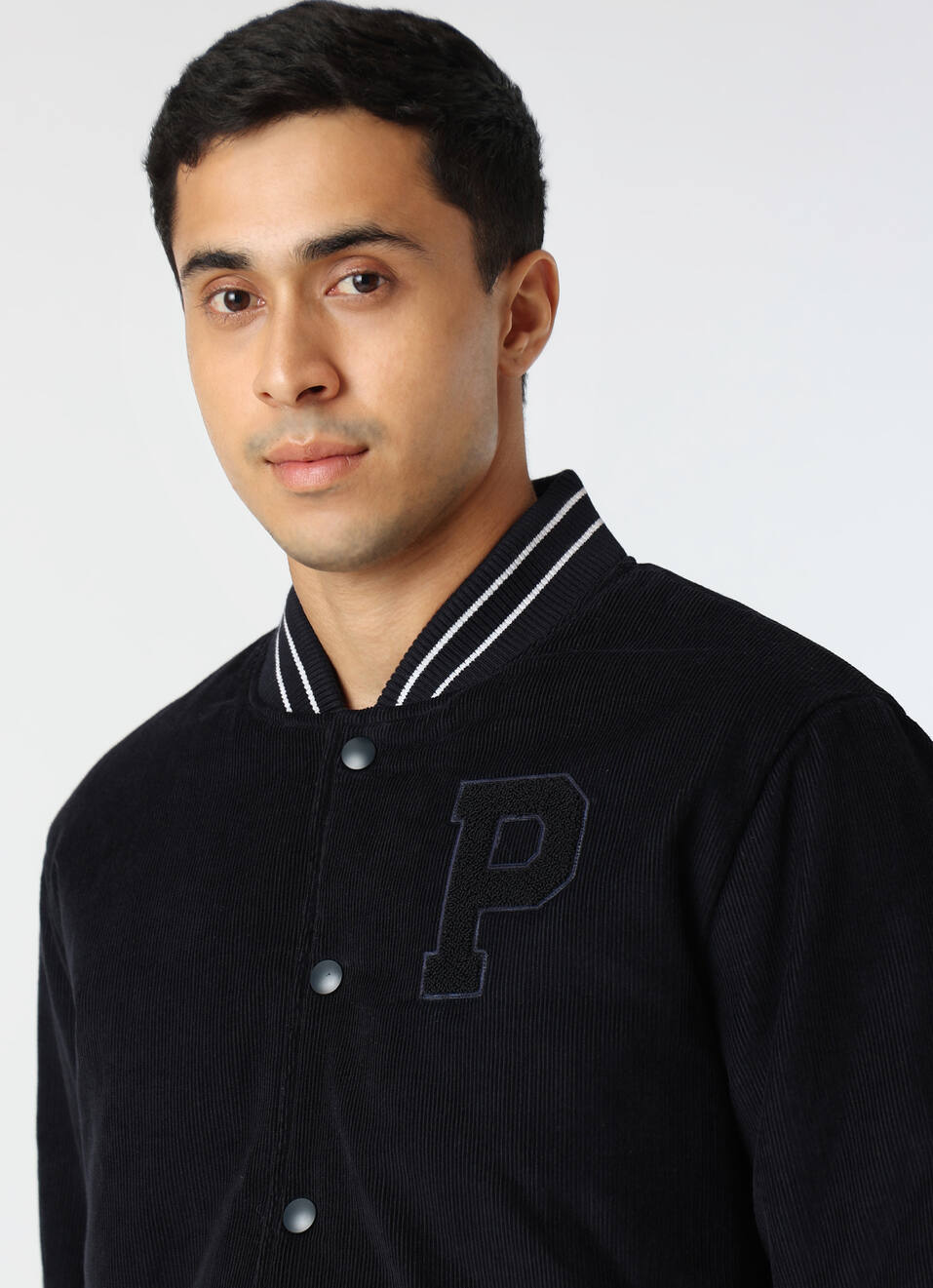 Men Navy Blue Corduroy Varsity Jacket, , large image number 4