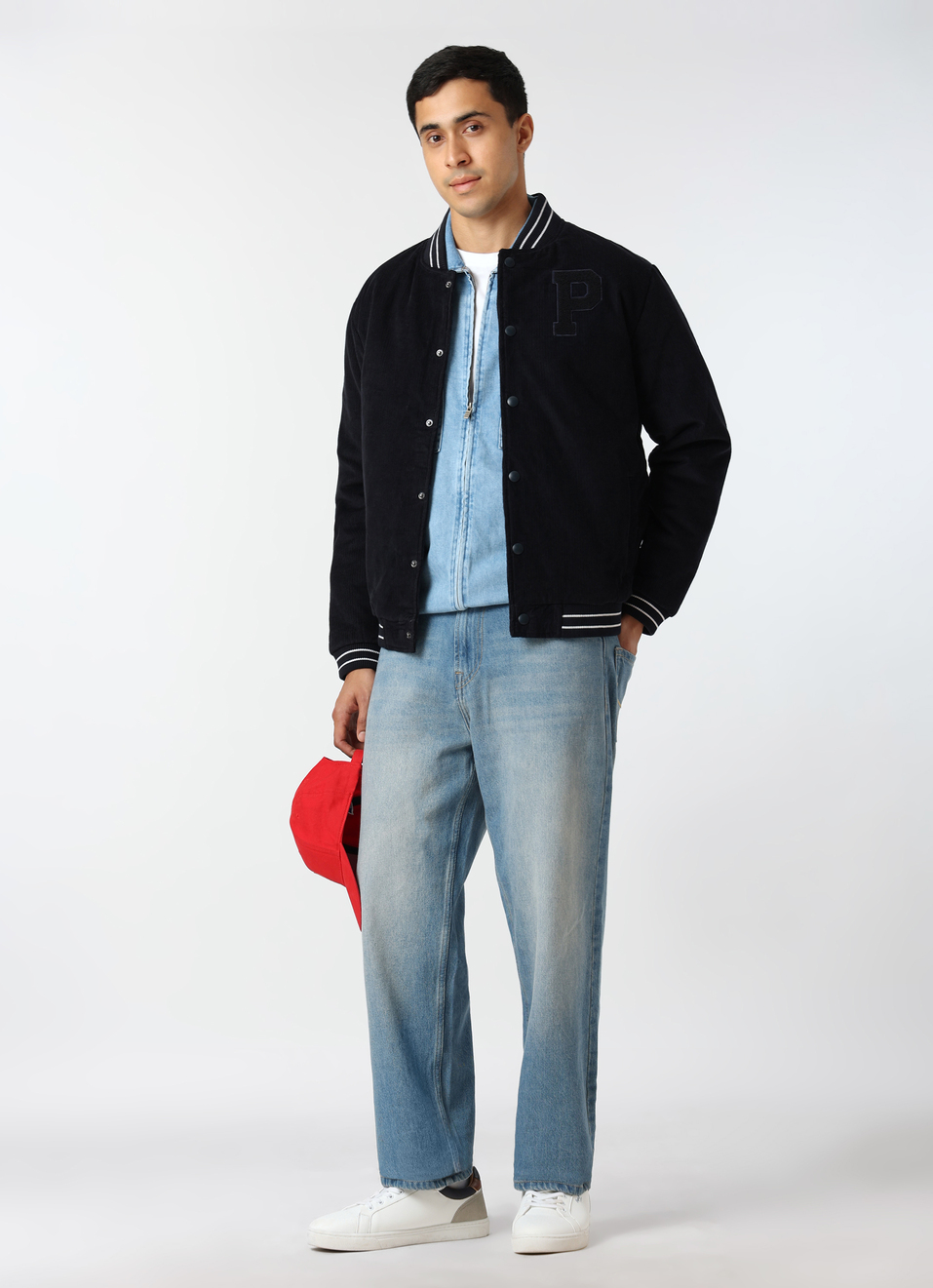 Men Navy Blue Corduroy Varsity Jacket, , large image number 5