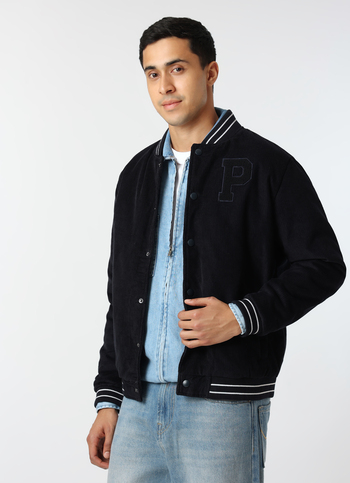 Men Navy Blue Corduroy Varsity Jacket