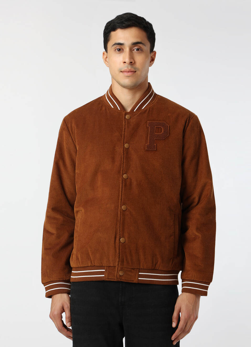 Men Brown Blue Corduroy Varsity Jacket, , large image number 1