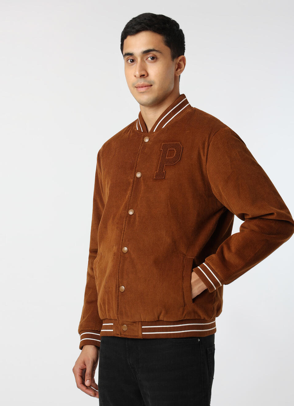 Men Brown Blue Corduroy Varsity Jacket, , large image number 3