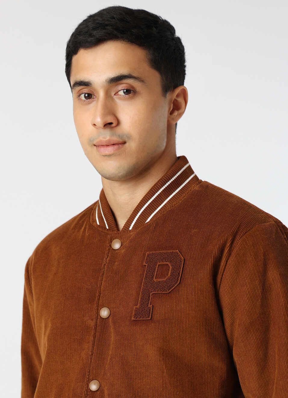 Men Brown Blue Corduroy Varsity Jacket, , large image number 4
