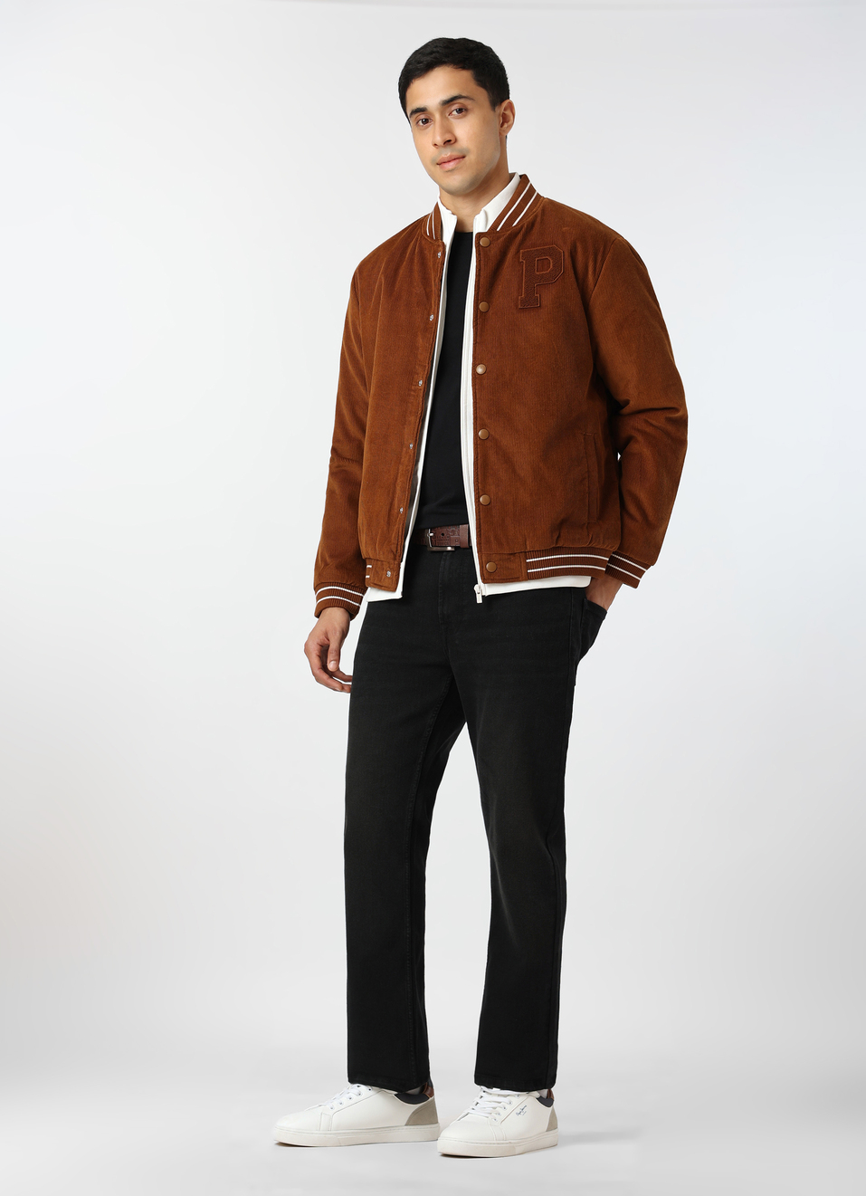 Men Brown Blue Corduroy Varsity Jacket, , large image number 5