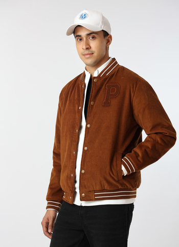 Men Brown Blue Corduroy Varsity Jacket