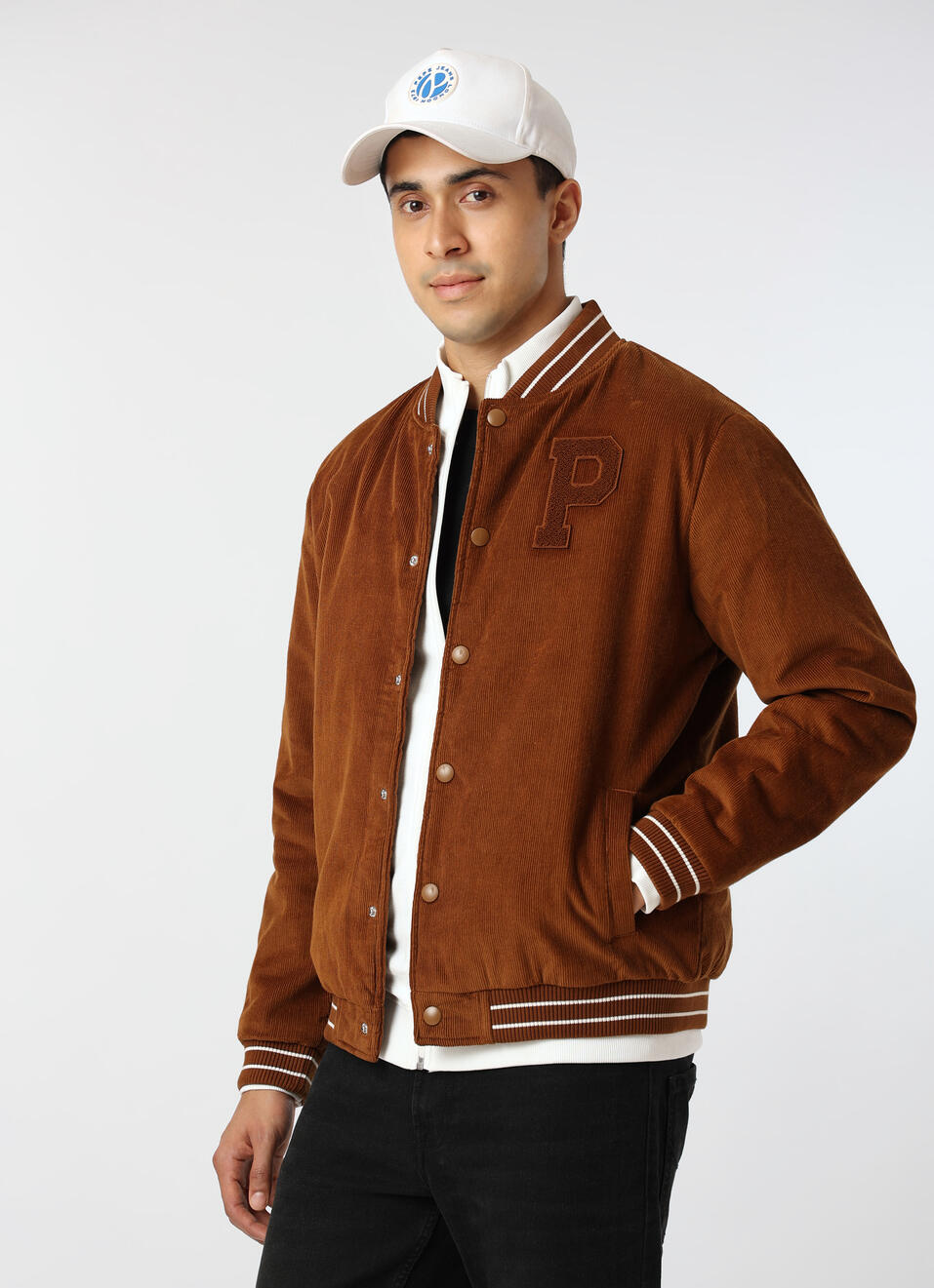 Men Brown Blue Corduroy Varsity Jacket, , large image number 0