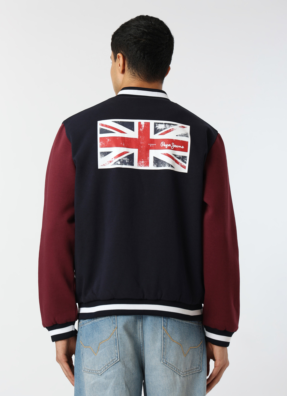 Men Navy Union Jack Back Print Varsity Jacket , , large image number 2