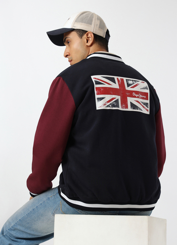 Men Navy Union Jack Back Print Varsity Jacket 