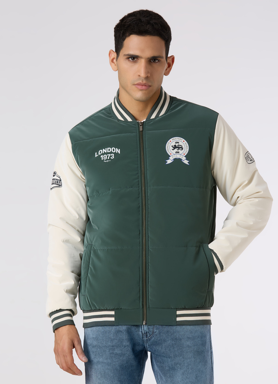 Men Green Varsity Bomber Jacket, , large image number 1