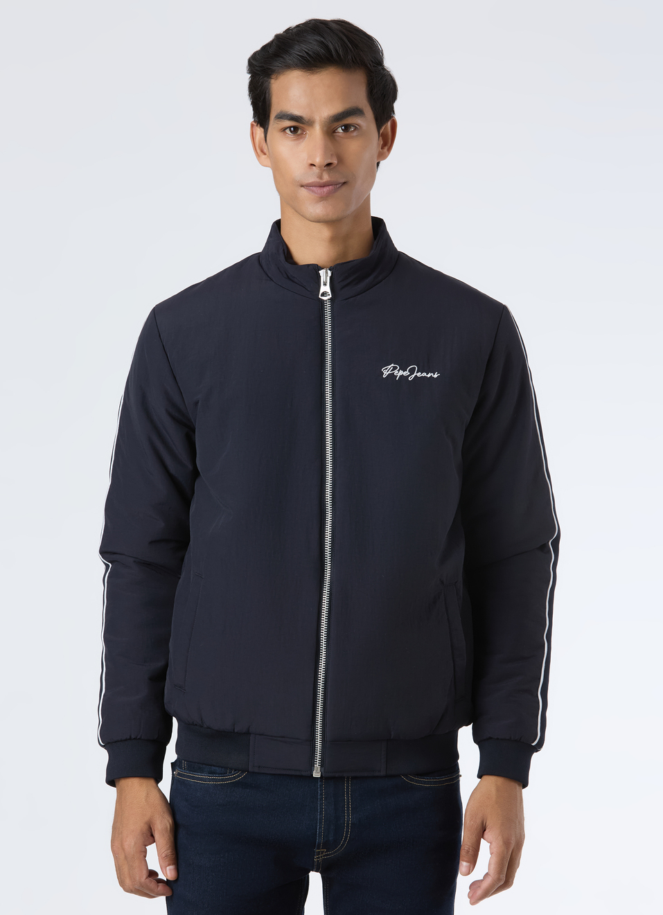 Men Solid Zip Up Bomber Jacket With Sleeve Tape, , large image number 1