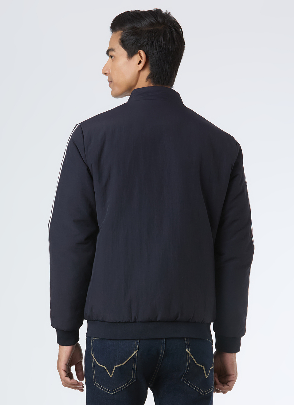 Men Solid Zip Up Bomber Jacket With Sleeve Tape, , large image number 2