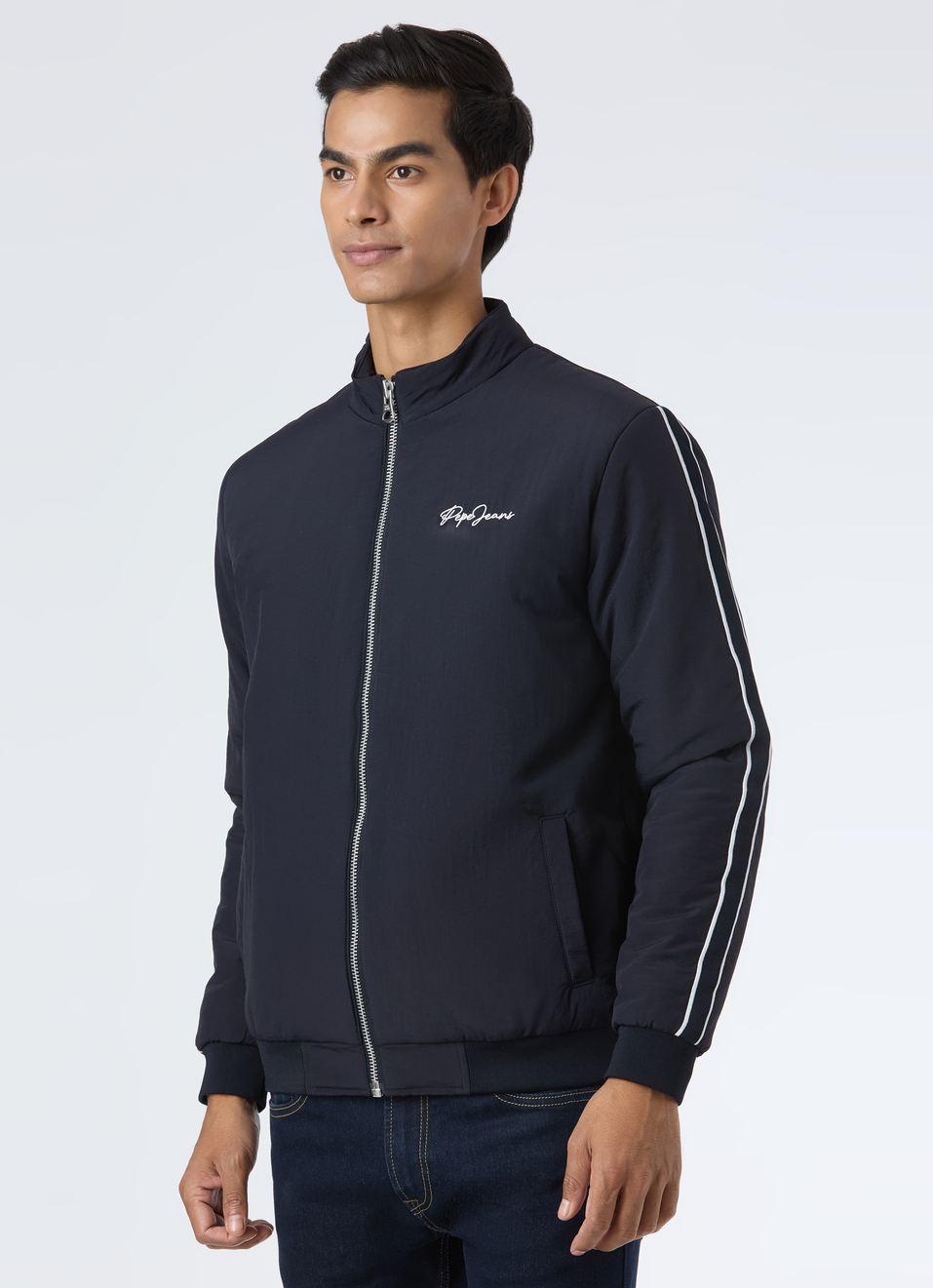 Men Solid Zip Up Bomber Jacket With Sleeve Tape, , large image number 3