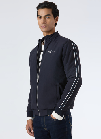 Men Solid Zip Up Bomber Jacket With Sleeve Tape