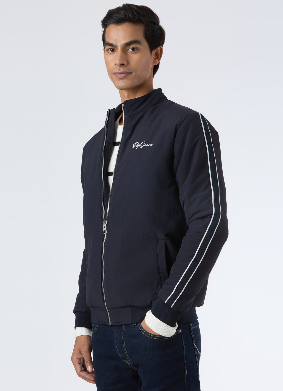 Men Solid Zip Up Bomber Jacket With Sleeve Tape, , large image number 0