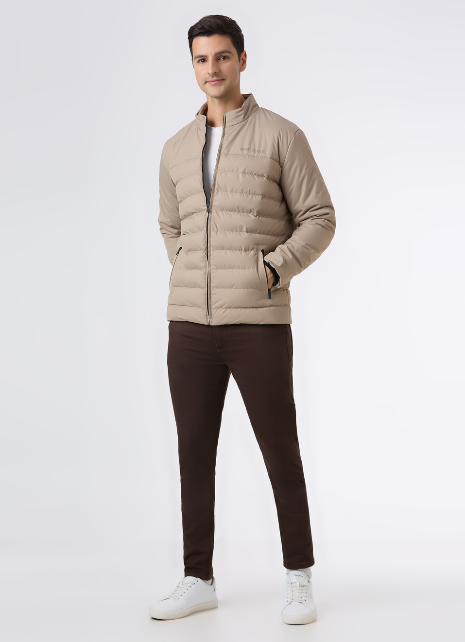 Men Beige Quilted Puffer Jacket, , large image number 5